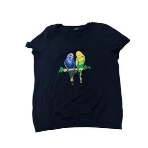 Talbots Womens Navy Blue Bird Print Thin Knit Short Sleeve Sweater Petite Medium